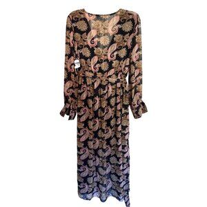 Miss Avenue Paisley Long Sleeve Maxi Dress L Black Pink Sheer Wrap Kaftan Style